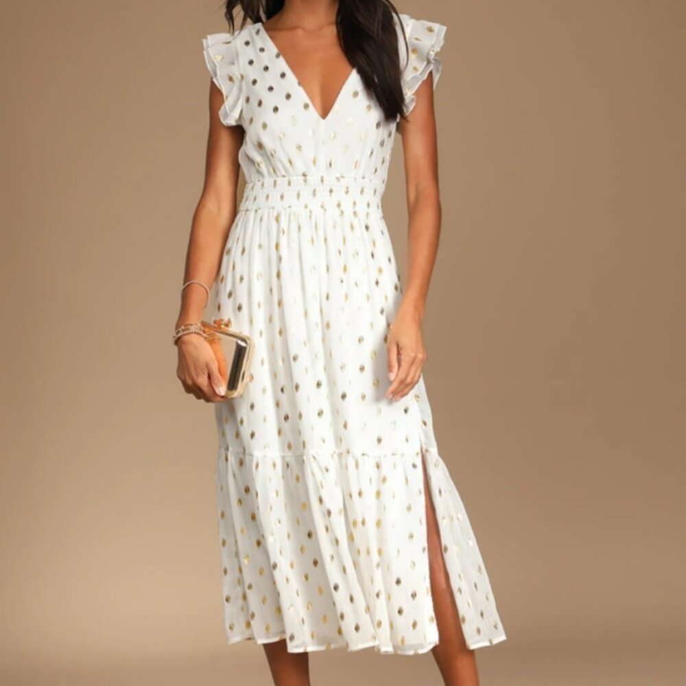 Lulu's White Midi Dress with Gold Dot Accents